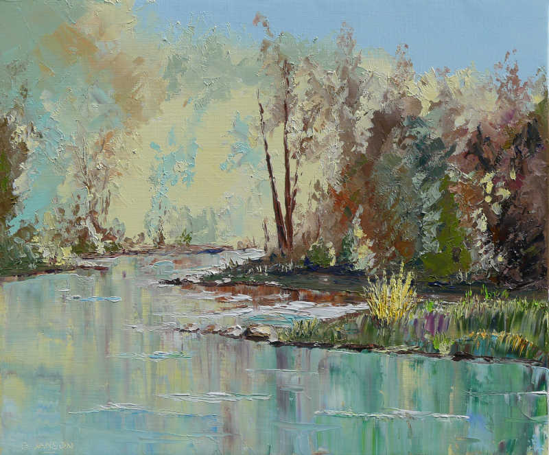 peinture d'une rivière tranquille avec de la végétation