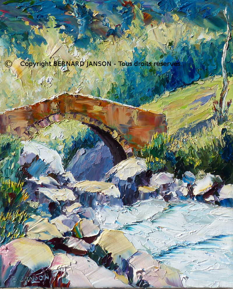 paysage de la montagne moderne en peinture au couteau; un torrent fougeux avec un ancien pont de pierre