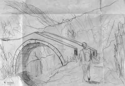 esquisse faite au crayon avec le vieux pont de ierres et un personnage
