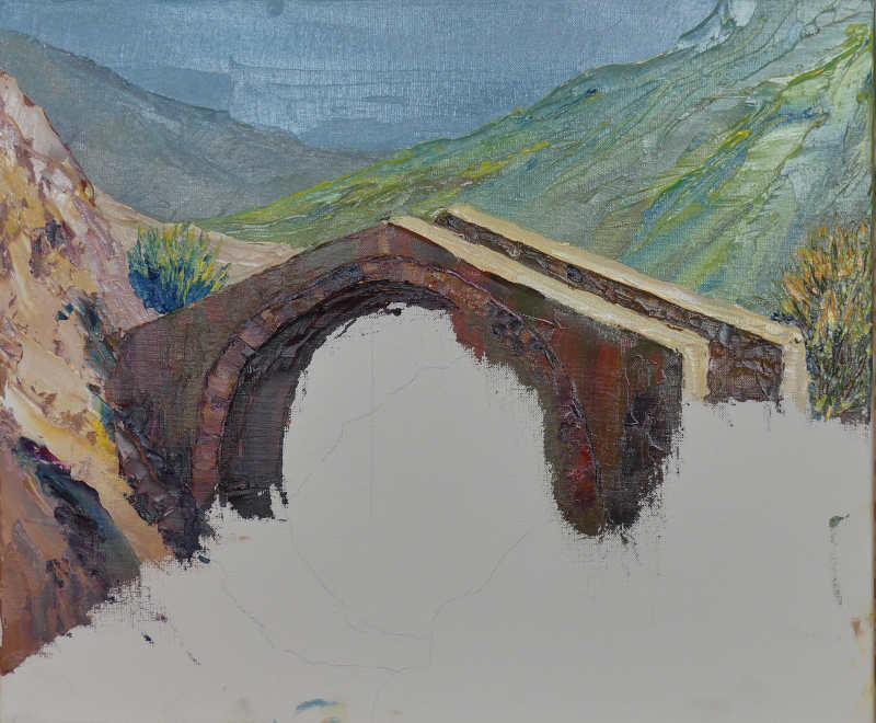 ic,le tableau en cours réalisation du tableau, on commence à voir le vieux pont