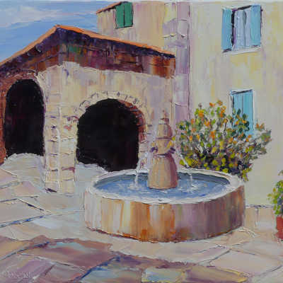 recent tableau de peinture artistique au couteau de style moderne affichant une fontaine dans un village de la provence
