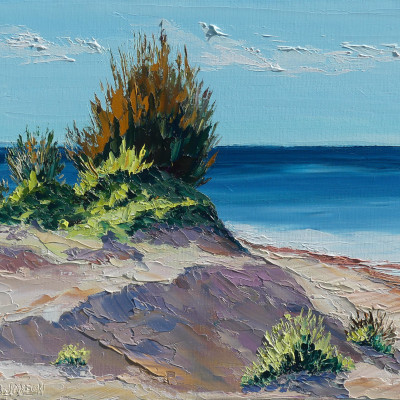 tableau recent de l'ariste peintre Bernard Janson affichant des dunes dur la cote d'opale